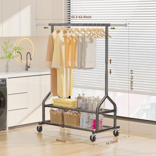 Black Heavy Duty Clothes Rack with 2 Shelves - 556 lbs Capacity, Adjustable Height & Wheels