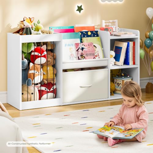 Kids Bookshelf with Stuffed Animal Storage - 3-Tier Organizer, Large Fabric Drawer, White