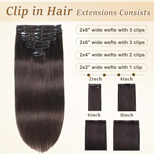 Clip in Hair Extensions Real Human Hair Dark Brown 20 Inch 105g - Seamless & Natural