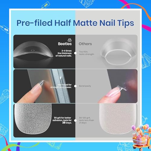 Beetles Gel Nail Kit Etch-X, Almond Short, 504pcs 12 Sizes Nail tips, with 9 in 1 Nail Glue Mini LED Light, Acrylic Half Matte Tips Press On Nail, Extension DIY Set at Home, Gift for Women & Girls