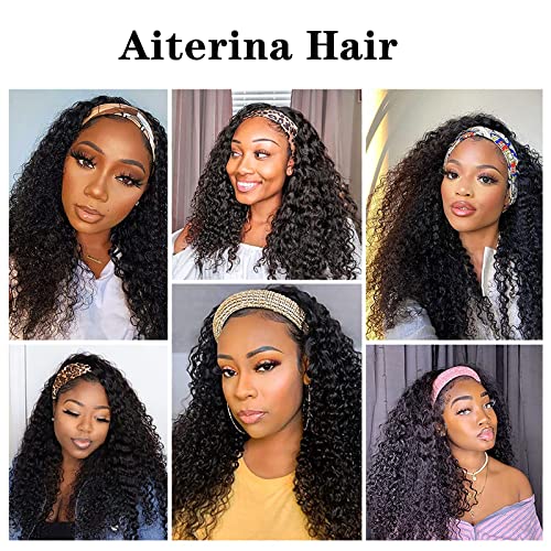 Headband Wig Deep Wave 12 Inch Natural Color, 100% Brazilian Virgin Human Hair, Glueless Non-Lace Deep Curly Wigs, Aiterina