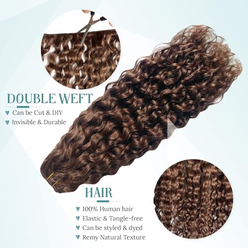 Brown Water Wave Human Hair Weft Extensions 14 Inch Sew In Curly Hair for Women - Dark Brown #4, Remy, 80g - Variation of Brown# / 14 Inch