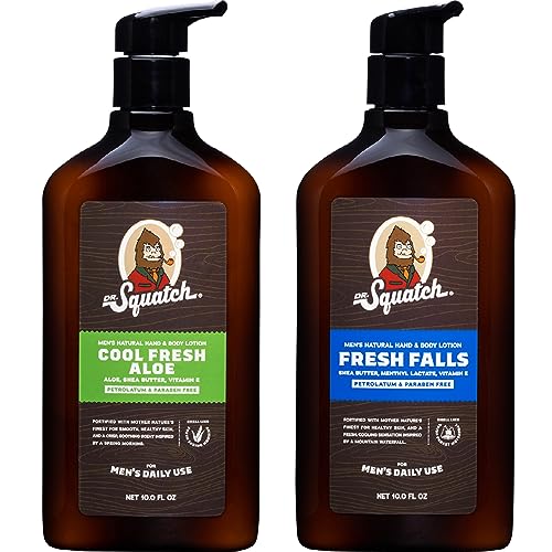 Dr. Squatch Natural Hand and Body Lotion for Men - Made with Shea Butter, Coconut Oil, Vitamin E for 24-Hr Moisturization - Cool Fresh Aloe & Fresh Falls (10 fl oz, 2-Pack)