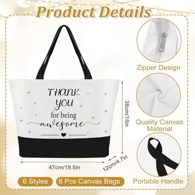 12 Pcs Thank You Canvas Tote Bag for Women Mother's Day Gifts Bags Inspirational Makeup Bag with Zipper Employee Appreciation Tote Bags for Mom Nurse Teacher Lady Team Coworker
