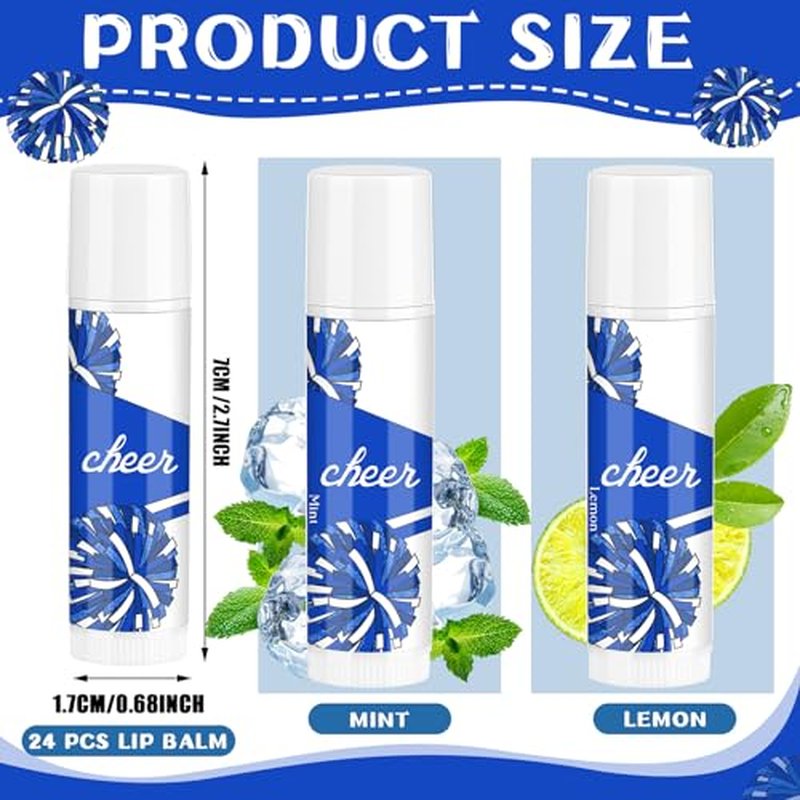 24 Pcs Cheer Lip Balm Bulk Cheer Teams Camp Gifts Pom Pom Leaders Party Favors Gear Lip Balm Valentine's Day Gift for Competitive Party Guest Supplies(Blue and White)