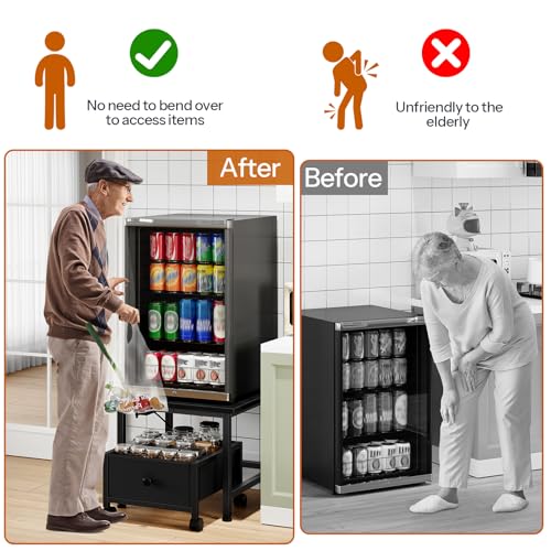 Mini Fridge Stand with Power Outlet & Storage Basket - Black, Wheels, Adjustable Feet