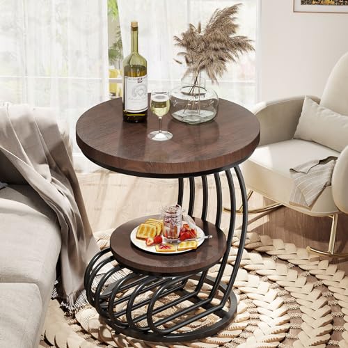 Rustic Brown Round End Side Table with 2-Tier Storage - Arc-Shaped Frame