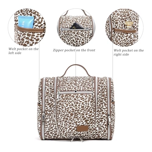 Pearl Angeli Hanging Toiletry Bag for Women, Large Makeup Cosmetic Bag, Water Resistant Toiletries Travel Essentials Organizer, Full-size Container, Khaki Lepoard