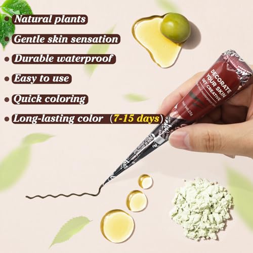 Brown Temporary Tattoo Kit,Temporary Tattoos Stencils Kit (3pcs Brown tattoo cones 6 Reusable Templates 1Pcs Tattoo Outline Pen)£¬ Waterproof,DIY Body Art for Women Men