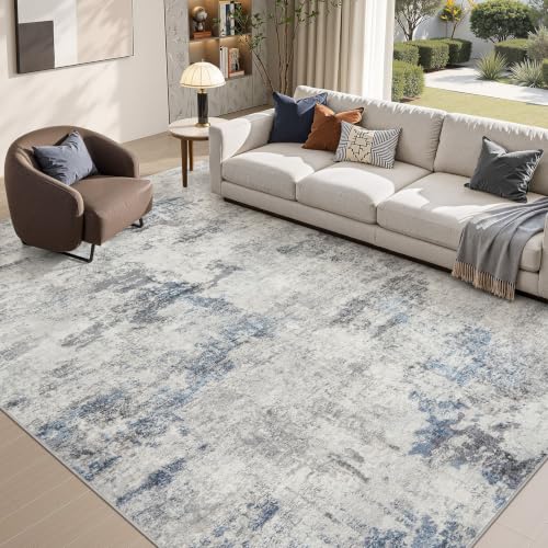 8x10 Washable Area Rug for Living Room - Abstract Indoor Carpet, Non-Slip, Grey Blue