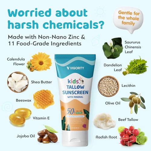 Kids SPF 50 Mineral Sunscreen with Zinc Oxide & Beef Tallow - Water-Resistant, Food-Grade Botanical Extracts - SPF 50 Kids
