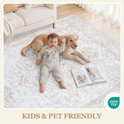 Xafir 8x10 Beige Washable Non-Slip Area Rug for Living Room