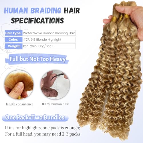 Highlight Human Braiding Hair #27/613 Boho Water Wave Bundles 12 Inch Blonde Highlights