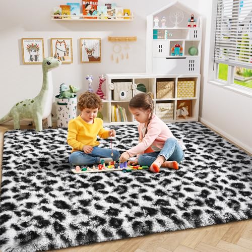 Amearea 6x9 White Fluffy Leopard Rug - Premium Cheetah Print Area Rug