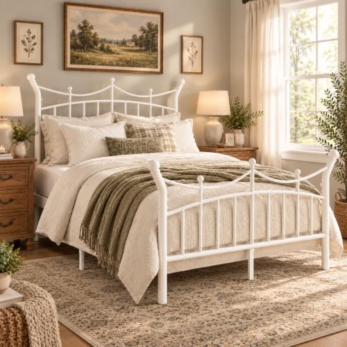 Queen Size Metal Bed Frame with Crown Design - White, Victorian Style, No Box Spring Needed, Sturdy Steel Support, Under-Bed Storage
