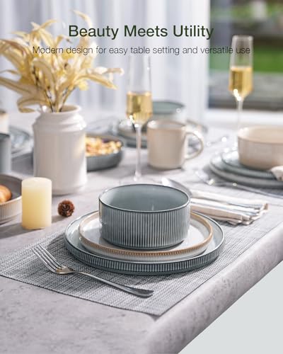 Famiware Star Stoneware Dinnerware Set for 4 - Reactive Glaze Plates & Bowls, Cappuccino & Smoky Blue, 12 Pieces