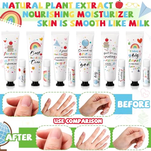 48 Set Appreciation Teacher Gifts Bulk Lip Balm Hand Cream Thank You Gift with Cards Organza Bags Travel Size Moisturizing Hand Lotion for Back to School Appreciation Teacher Gifts