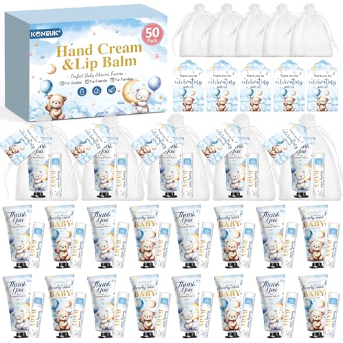 50 Pack Bear Lip Balm and Hand Cream Gift Sets for Baby Shower & Party Favors - Coconut & Milk Scent, KONEUK