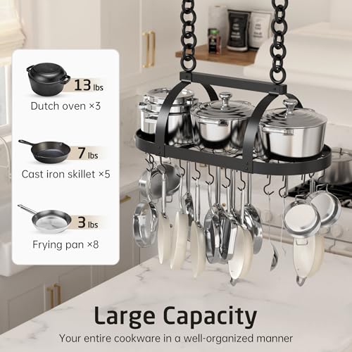 Black 34-Inch Ceiling Pot Rack with 20 Hooks for Kitchen Organizer