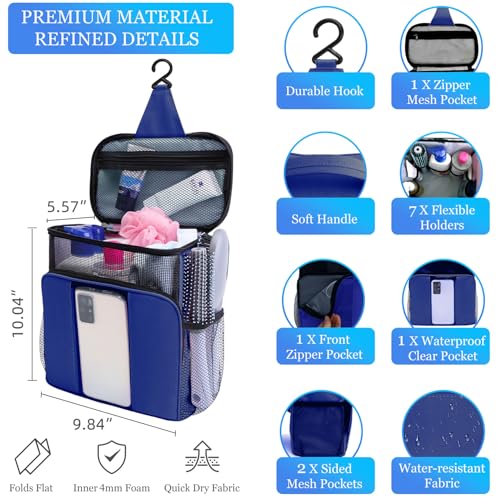 Blue Dorm Shower Caddy Organizer for College Students - Water-Resistant Toiletry Bag