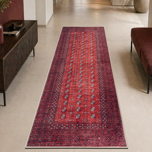 2'6" x 7' Vintage Washable Runner Rug Non-Slip Low Pile Red Burgundy