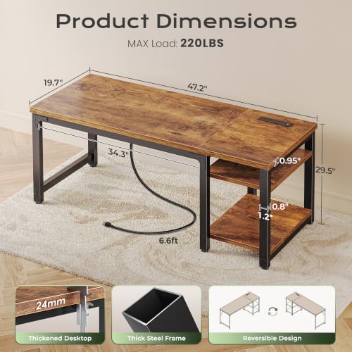 Rustic Brown 47.2 x 19.7 Inch Computer Desk with Power Outlets - Thick Desktop