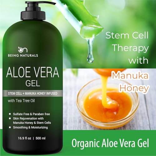 Aloe vera Gel - from 100% Pure Organic Aloe Infused with Manuka Honey, Stem Cell, Tea Tree Oil - Natural Raw Moisturizer for Face, Body, Hair. Perfect for Sunburn, Acne, Razor Bumps 16.9 fl oz