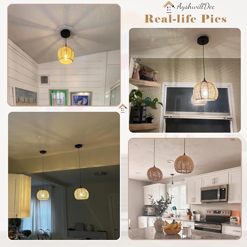 AyshwillDec 8.7" Natural Wicker Pendant Light 2-Pack Boho Rattan Chandelier for Kitchen & Dining