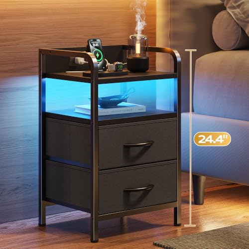 Huuger Black Nightstands Set of 2 with LED Lights and Charging Station