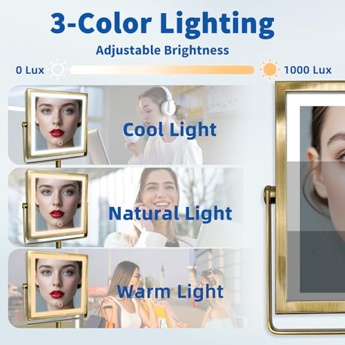 Ruacq Wall Mounted Makeup Mirror with Lights 1X/10X - Antique Brass