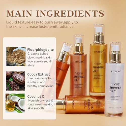 Liyalan Shimmer Body Oil Rose Gold 5 Color Bronze Face Glow Pearl Highlighter Illuminator body Makeup Shine Glitter Gold Liquid Taning 3.38 Fl Oz