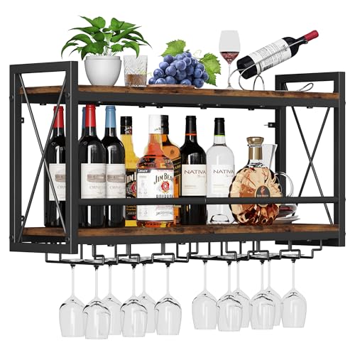 Homeiju 31.5W x 7.91D x 16.85H Wall Mounted Wine Rack with Glass Holder, Vintage Wood & Metal Design