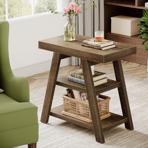 Tribesigns Farmhouse End Table with 3 Open Shelves - Distressed Brown