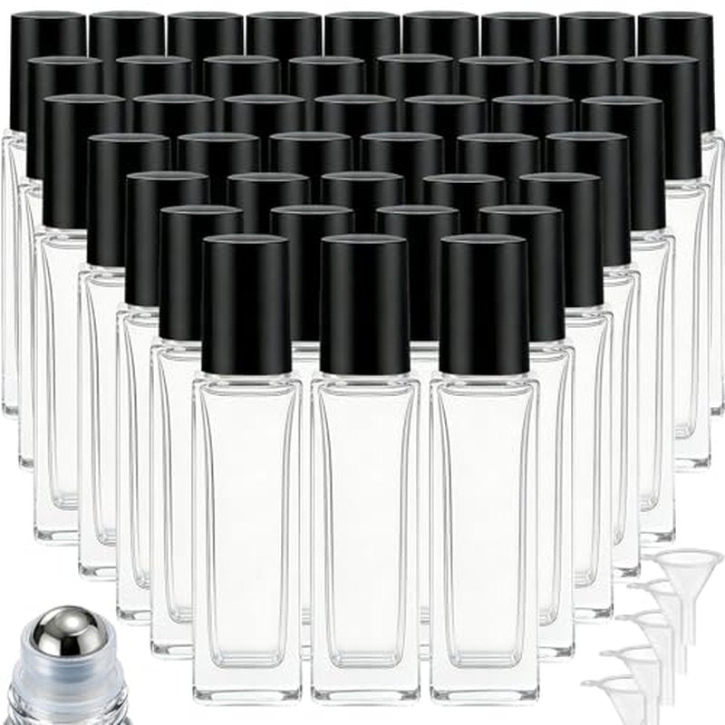 100 Pcs 10 ml Roller Bottles for Essential Oils, Square Thick Empty Glass Roller Bottles with Stainless Steel Roller Balls Protection Leakproof with 5 Funnel for Travel, Black