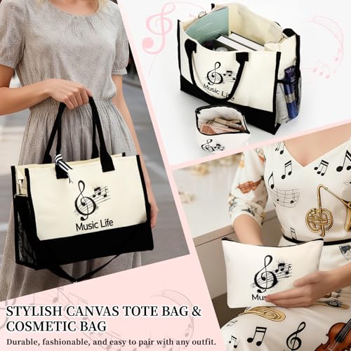 6 Pcs Music Theme Gifts for Women Canvas Tote Bag Cosmetic Pouch Crew Socks Bracelet Cards Keychains Musical Lovers Gifts Musicial Students Teachers Musicians Favors for Birthday