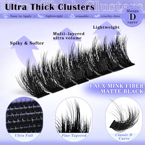 Spiky Lash Clusters Kit 300D Manga Volume Lash Clusters with Spikes 10-22MM Eyelash Clusters D-Curly DIY Lash Extension Kit Dramatic Spiky Look Eyelash Extension Kit by FOINEMYED