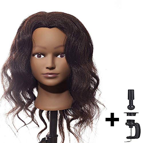 22-24 Inch Black 100% Real Hair Mannequin Head for Cosmetology Practice - Light Yaki & Kinky Straight, Includes Head & C-Clamp