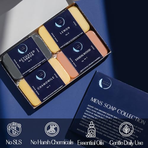 Men's Natural Exfoliating Bar Soap Pack of 4 – Sandalwood, Lemon, Charcoal & Chamomile