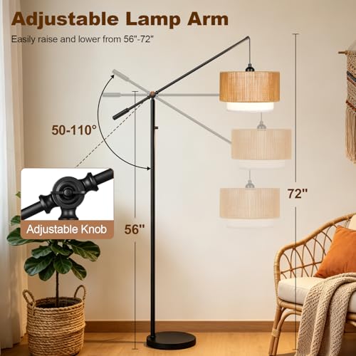 Yemela Boho Matte Black Dimmable Floor Lamp with Rattan & Fabric Shades, Adjustable Swing Arm, Tall Farmhouse Standing Lamp for Living Room & Bedroom