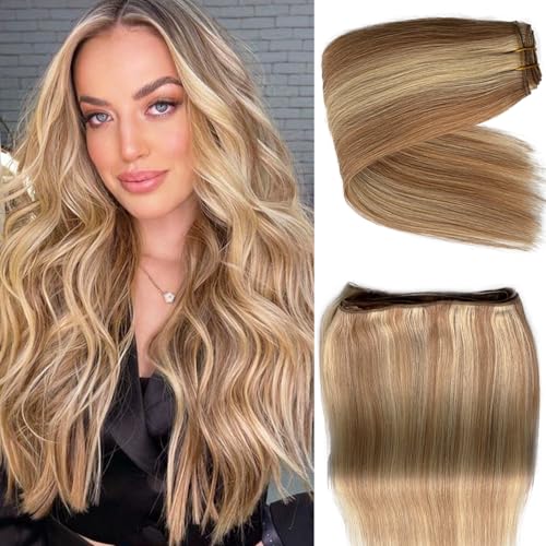 16 Inch Sew In Hair Extensions - Golden Brown & Blonde Highlights, Remy Human Hair Weft