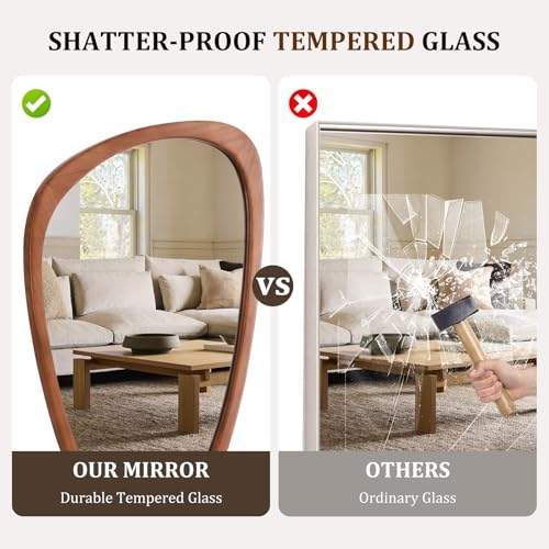 Walnut 30x19 Inch Asymmetrical Wooden Wall Mirror - Pebble-Shaped Mid-Century Decor
