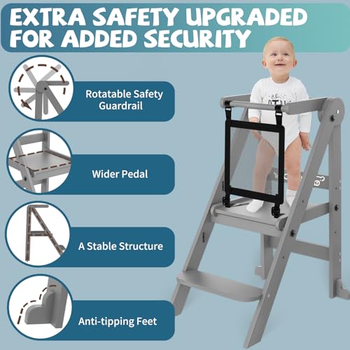 Foldable Toddler Learning Tower with Safety Nets - Gray, Adjustable Height, Space-Saving Design