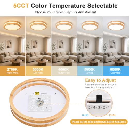 Dimmable LED Wood Flush Mount Ceiling Light 15.74in - Modern Round Fixture for Bedroom Kitchen Hallway