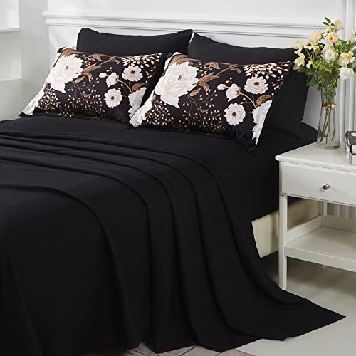 Black Floral Queen Bed in a Bag 7-Piece Comforter Set Botanical Bedding