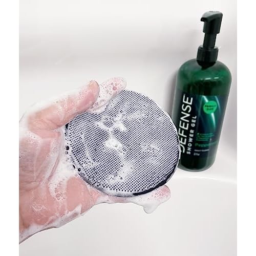 Defense Soap Peppermint Body Wash 32 oz with Tea Tree & Eucalyptus Oils + Silicone Body Scrubber & Shower Hook | Natural Antifungal Shower Gel & Exfoliating Set for Athletes and Active Lifestyles