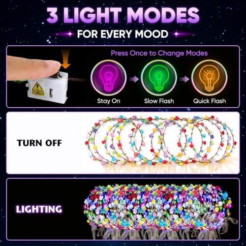 Chicloop 50 pcs LED Flower Crowns Headbands with Ribbons for Women & Kids