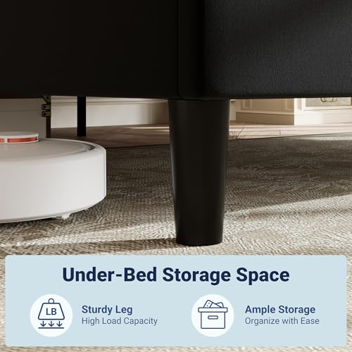 Black Queen Platform Bed Frame with Velvet Upholstered Headboard, Adjustable & Storage