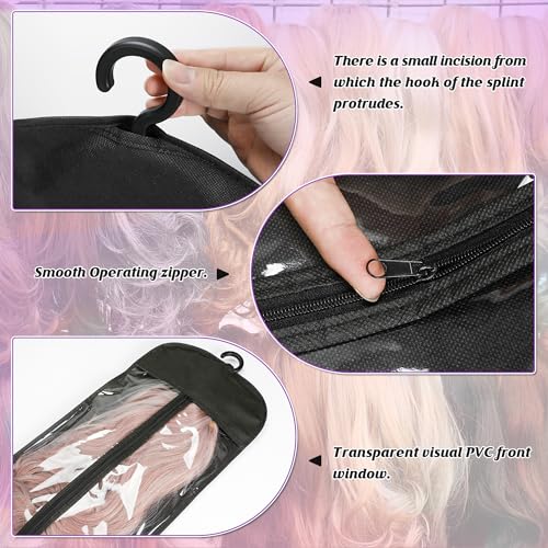 6PCS Wig Storage Bags with Hangers Dust-Proof & Foldable for Travel & Home - Black