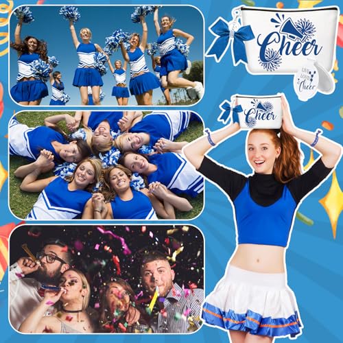 Talltalk 48 Pcs Cheerleader Gifts Set Cheer Gifts Bulk for Team 12 Cheer Makeup Bag 12 Cheer Bracelets 12 Folding Cheerleading Makeup Mirror 12 Bow Keychain for Cheer Team Party Favors(Blue)
