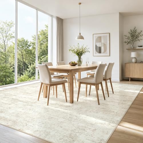 Beige 8x10 Washable Area Rug for Living Room and Bedroom - Non Slip, Pet Friendly